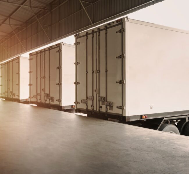 Cargo Container Trucks Parked Loading Dock at Dock Warehouse. Shipping Trucks. Cargo Freight Trucks Transport. Warehouse Logistics.