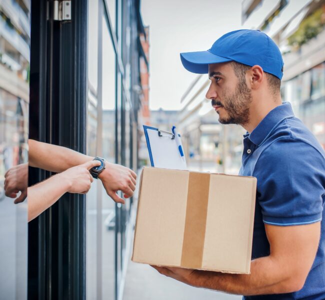Delivery is late. Courier holding package while nervous customer showing a time on his watch.
